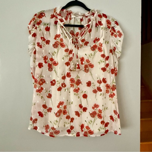Tie-Neck Blouse in Red and White - Poppies with Shimmer - Picture 1 of 6